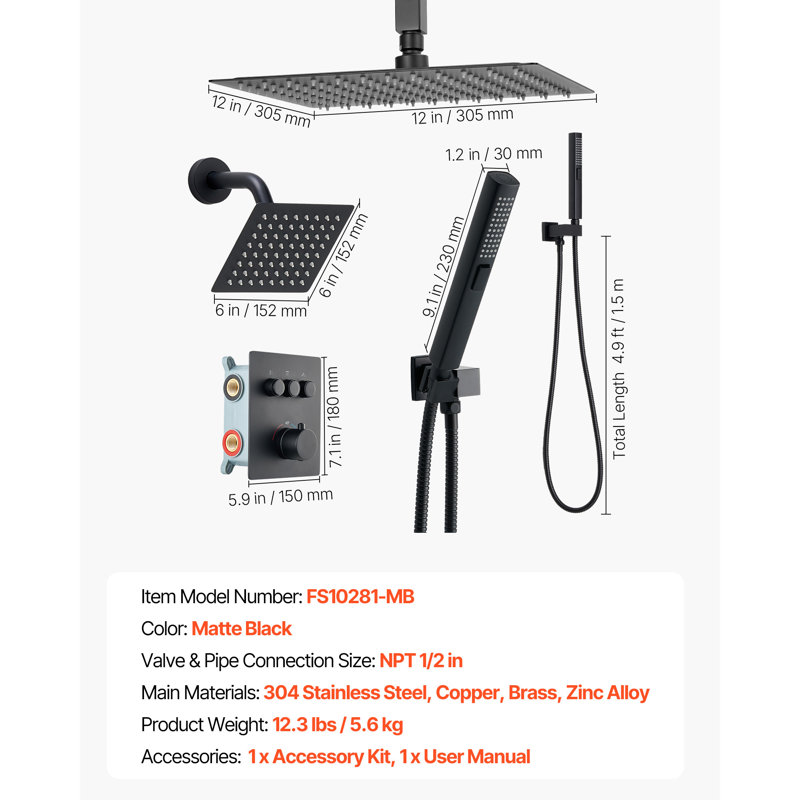 Shower Faucet Set, 12 Inch Thermostatic Ceiling Mount Rainfall Shower System with 6 Inch Wall Mount Head and 2 in 1 Handheld Spray, 3-Function Dual Rain Head Brass Valve & Trim Kit, Matte Black