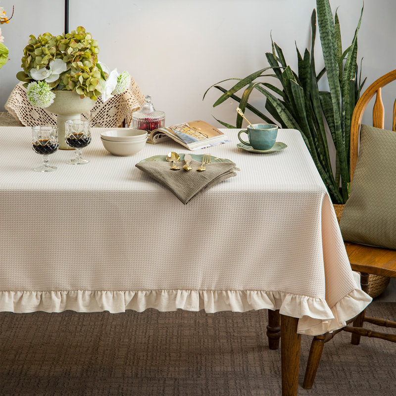 Waffle Weave Textured Rectangle/Oblong Tablecloth With Cotton Retro Ruffle Trim Solid For Farmhouse Decor, Beige