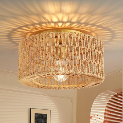 Boho Flush Mount Ceiling Light Fixture, Woven Rattan Chandelier With 360° Light Effect For Hallway, Bedroom, Kitchen, Living Room, Farmhouse Decor