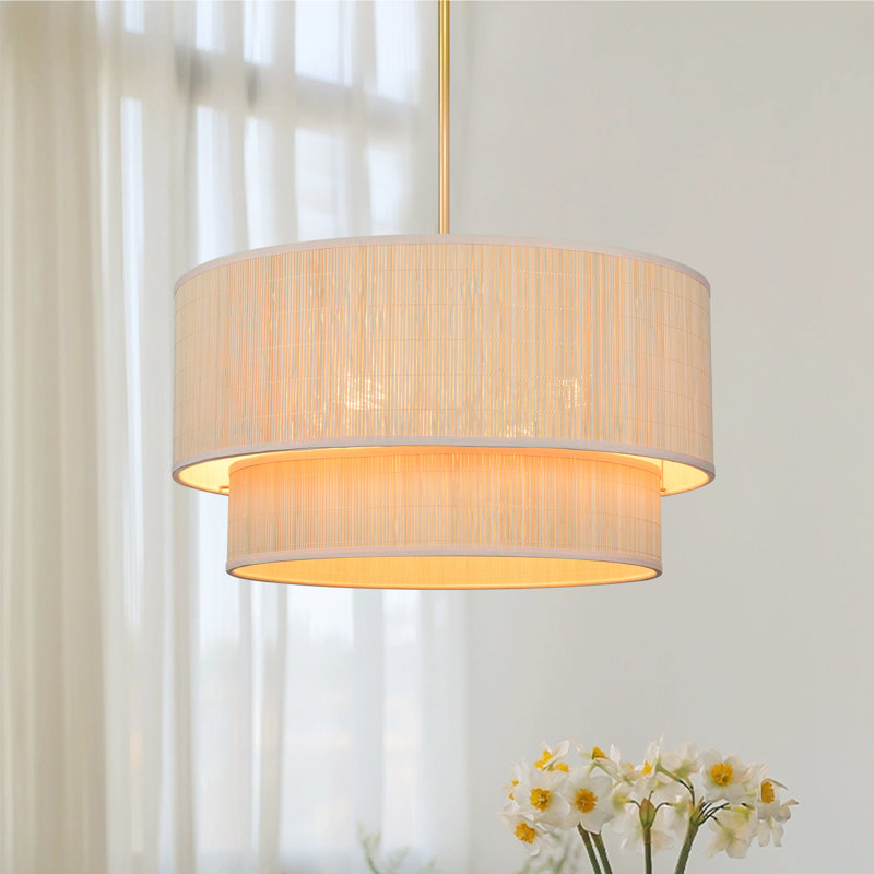 Lustre tambour en rotin gradué à 4 lumières de 20 pouces avec hauteur réglable et finition dorée
