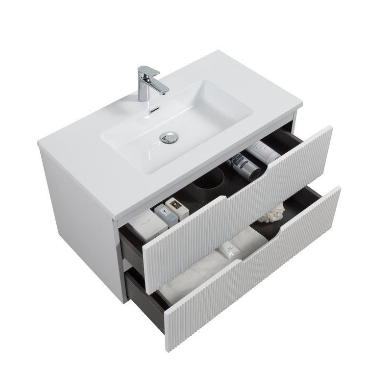 Kamaiyah 35.5 " W Wall Mounted Wall Mounted 1 Single Vanity Bathroom Vanity With Poly Marble Top