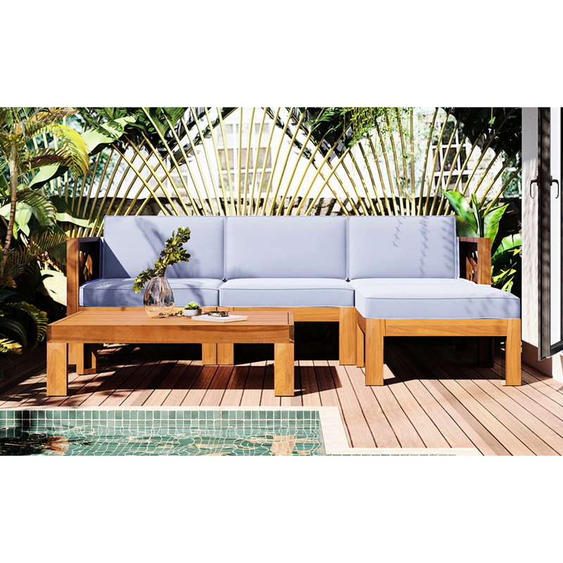 5 canapés modulaires d'extérieur, bois naturel, coussins gris, 2 canapés d'angle, 1 sans accoudoirs, table à thé pour bois calme 5, finition, articles
