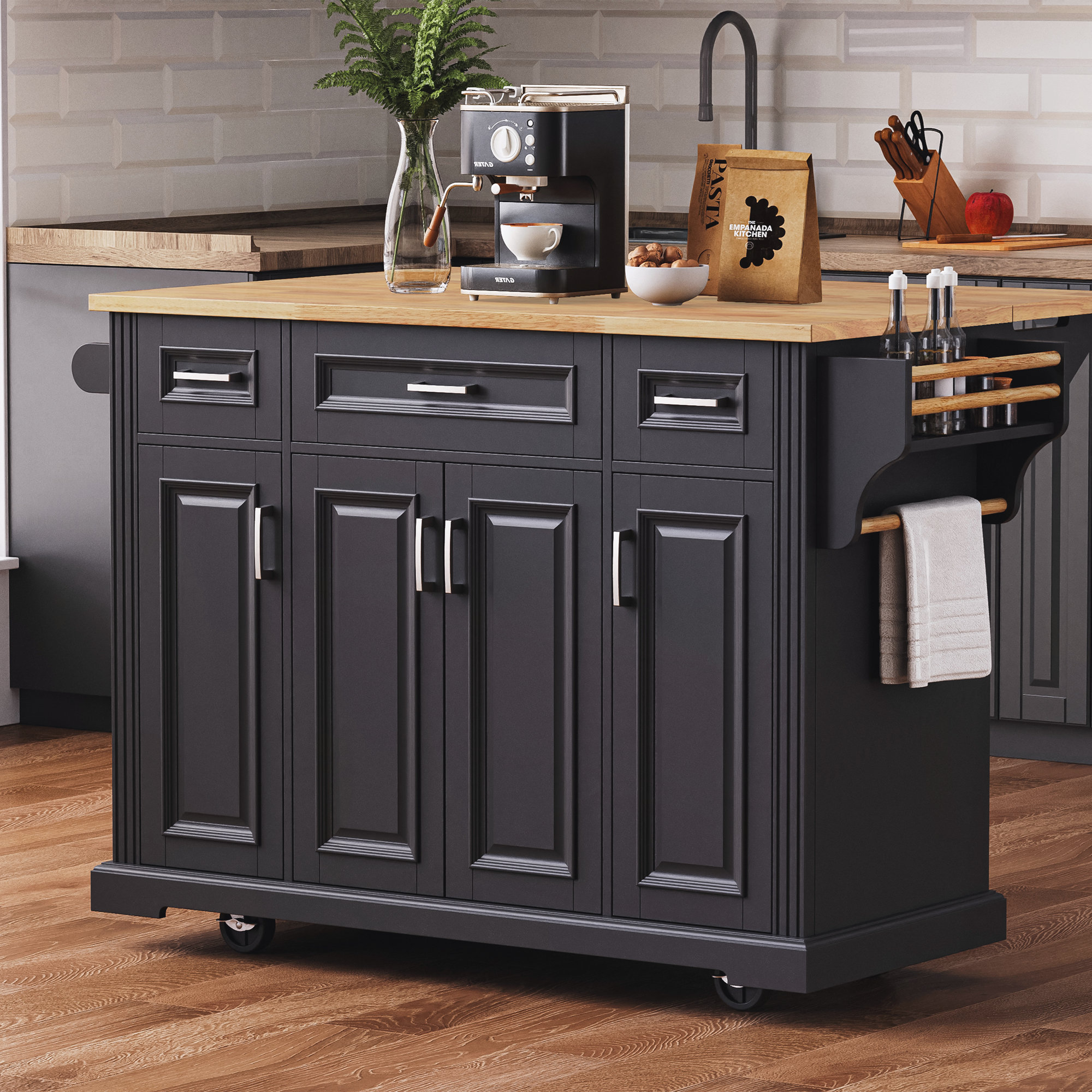 Lark Manor™ Fancy & Rustic Large Kitchen Island With Rubber Wood Drop Leaf - Embossed Texture Rolling Kitchen Cart With Ample Storage & Reviews | Wayfair