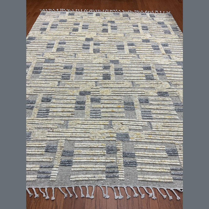 Tapis ivoire / gris en laine noué à la main 8 pi x 10 pi