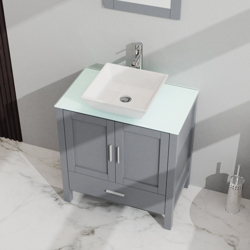 Meuble-lavabo de 30 po avec plateau en verre, lavabo en céramique, miroir et tiroir Boden, Gris