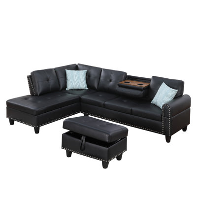 Traditional Faux Leather Sectional Sofa With Ottoman And Storage