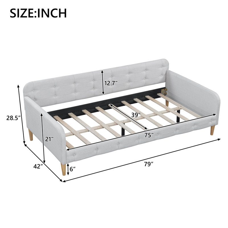 Lit de jour simple rembourré avec tissu en lin, structure en bois massif et 4 pieds de support, beige, Blanc