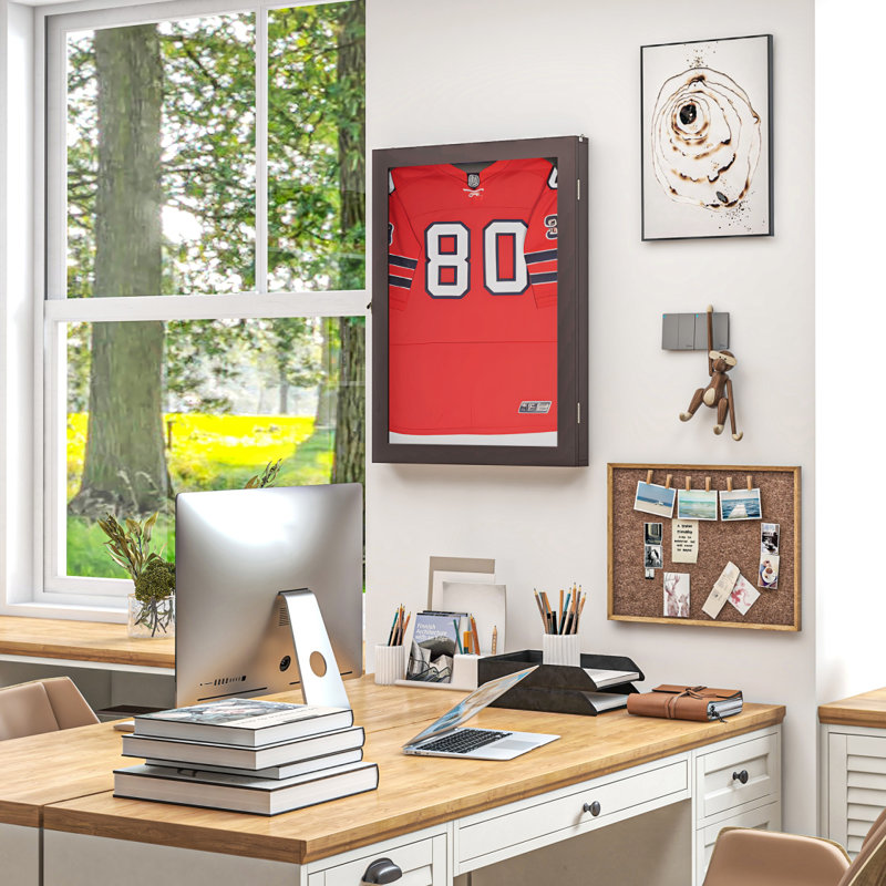 HOMCOM 24" X 32" Jersey Display Case, Wall-Mounted Memorabilia Acrylic Shadow Box With Hanger, Brown, Brown