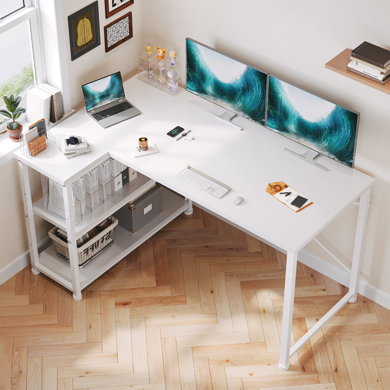 Ambus L Shape Computer Desk, Left Hand, White/White, 110cm W x 80cm D