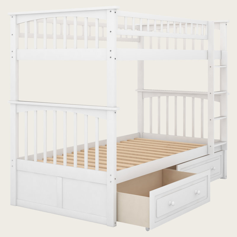Convertible Bunk Bed with Drawers, Solid Wood Frame with Fence Guardrail and Under-Bed Storage, Twin over Twin, White