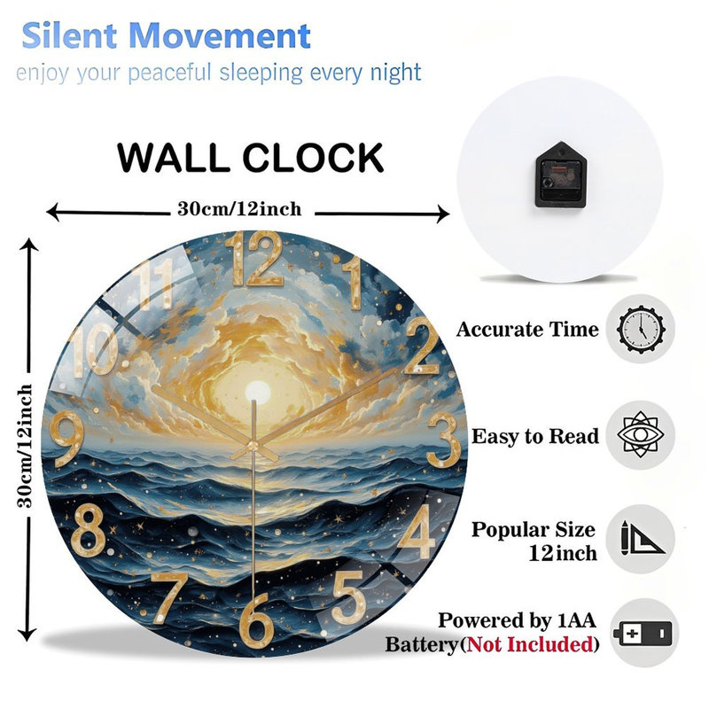 Horloge murale 12 po en verre trempé silencieux, Sunlit Ocean Face Design