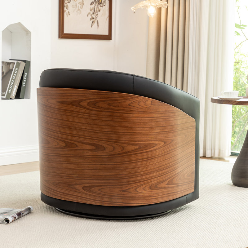 Delwood Faux Leather Modern & Comfort Swivel Barrel Chair, Black