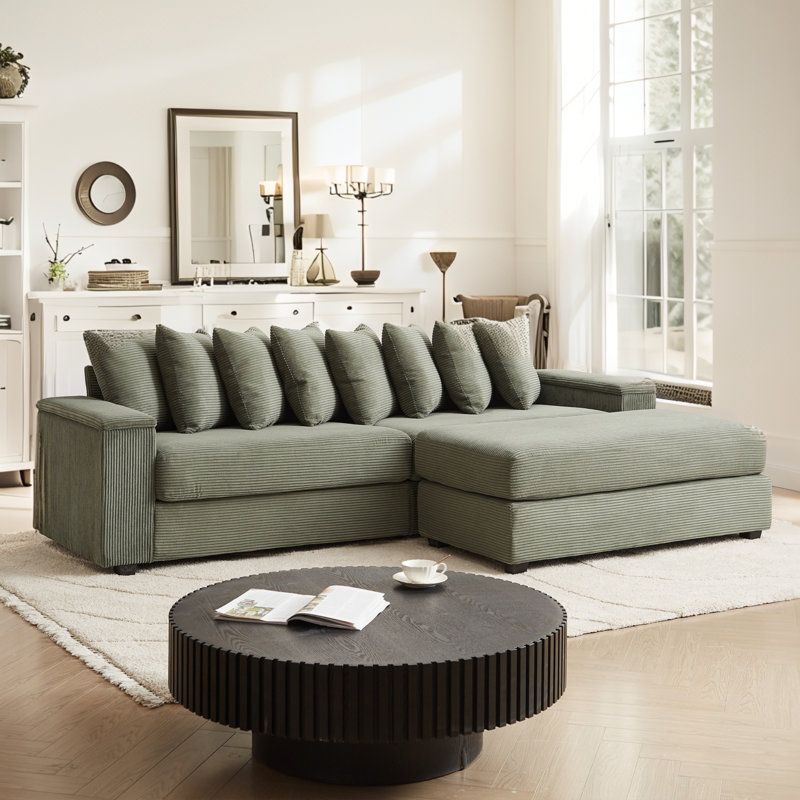 Luxe L Shaped Sofa With Chaise,Comfy Corduroy L Shaped Sectional Couches With 8 Pillows And Two Armrest Storage Space,Soft Fluffy Upholstered Sofa Bed For Living Room Apartment Bedroom