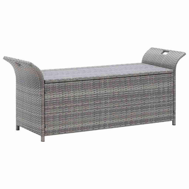 Banc de rangement en rotin PE gris de 138 cm (54,3 pouces), coussin foncé, structure en acier, revêtement imperméable, pour terrasse extérieure
