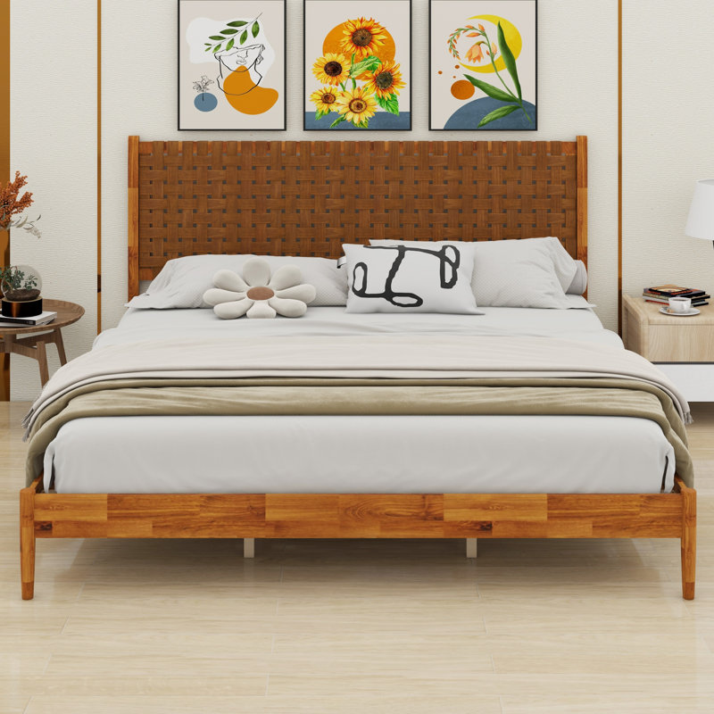 Lit plateforme minimaliste en bois avec tête de lit Vegan tissée artisanalement, King, Caramel