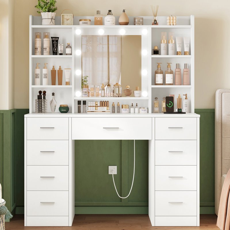 Makeup Vanity Table With 3-colour Led Lights Mirror, Vanity Table With 9 Drawers And 7 Storage Shelves, Vanity Desk For Bedroom Dressing Room, White