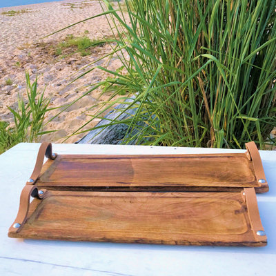 2 Piece Leather Handle Tray Set