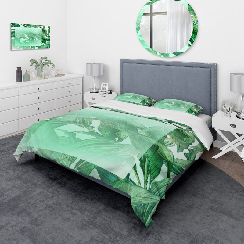 Rectangle blanc sur feuilles de palmier tropicales vertes - ensemble de housse de couette nautique - microfibre de polyester