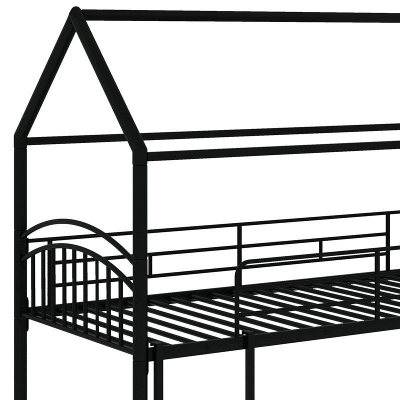 Charming Twin Over Twin Metal House Bunk Bed Featuring An Exciting Slide, Black