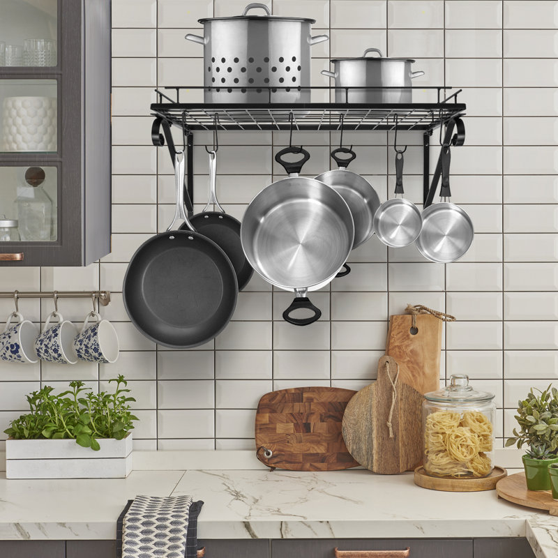 Black Metal Wall-Mounted Pot and Pan Rack with Hooks