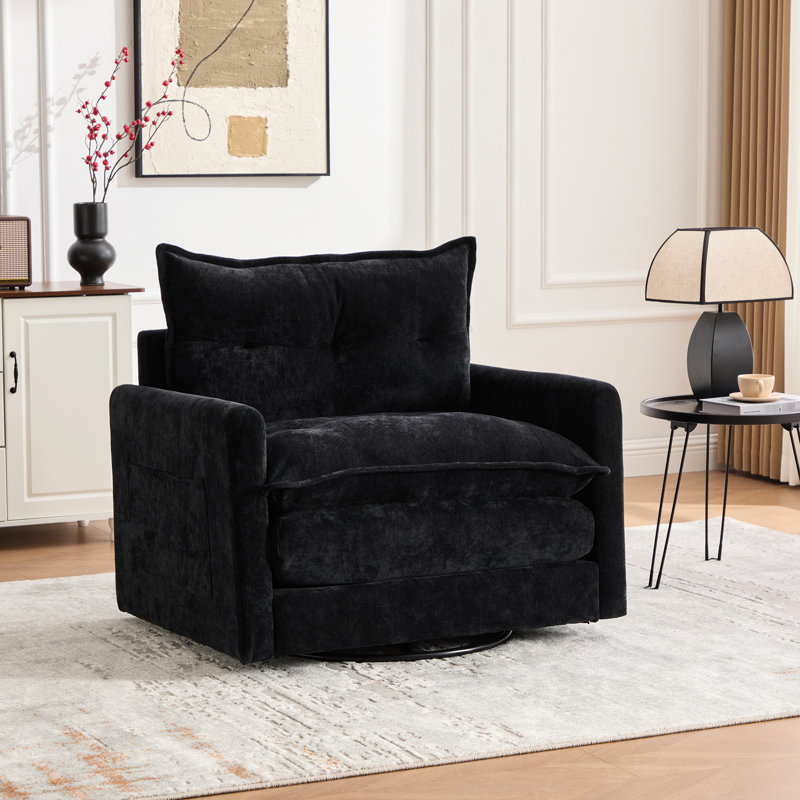 Chaise pivotante de style Mid-Century avec tissu chenille, poches latérales et mousse à mémoire de forme confortable pour le salon à 360 degrés, soutien matériel