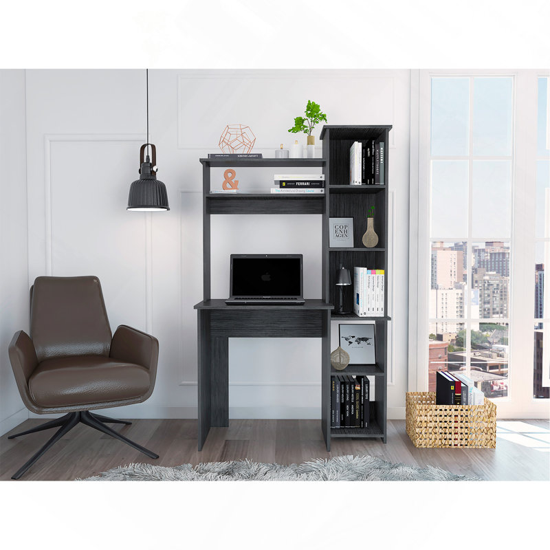 Bureau d'écriture, deux tablettes supérieures, cinq casiers, Gris
