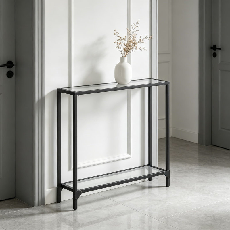 Console moderne avec plateau en verre trempé et structure en métal, canapé étroit pour le salon, l'entrée ou le couloir, tablette ouverte à deux niveaux