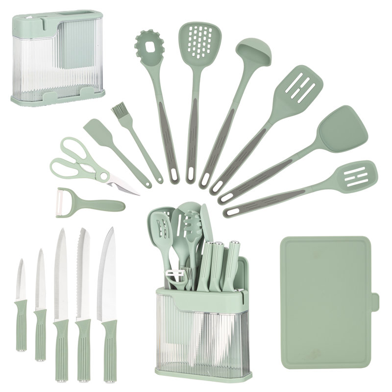 Ensemble de 17 couteaux et ustensiles de cuisine moderne avec bloc de rangement transparent et planche à découper, Vert