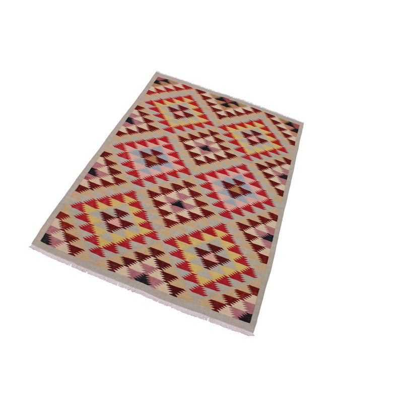 Tapis rouge / beige / brun en laine fabriqué à la main 4 pi 8 po x 6 pi 4 po Madee
