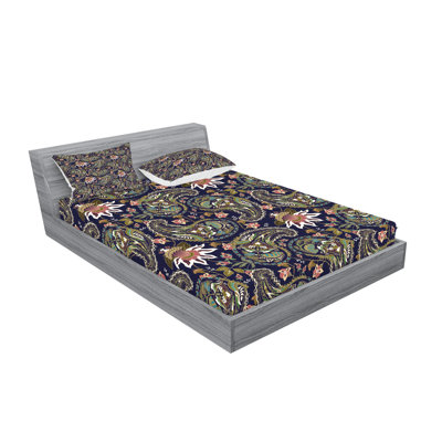 Ambesonne Jacobean Fitted Sheet & Pillow Sham Indigo Multicolor