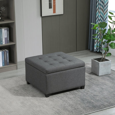 Repose-pieds de rangement capitonné en tissu avec couvercle de siège rabattable, charnière en métal et structure en bois d'eucalyptus stable pour le salon, l'entrée ou la chambre à coucher, gris