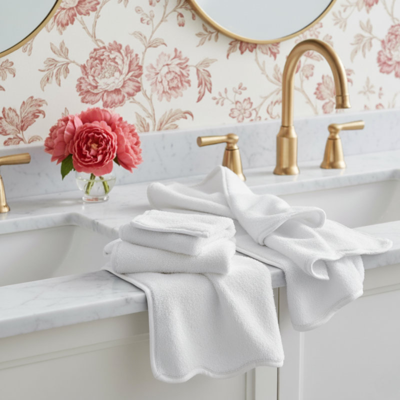 Luxury Cotton - Fluffy, Ultra Soft & Highly Absorbent - Hand Towels (4 Pieces) - Scallop Piping, White, Hand Towels - 4 Pack