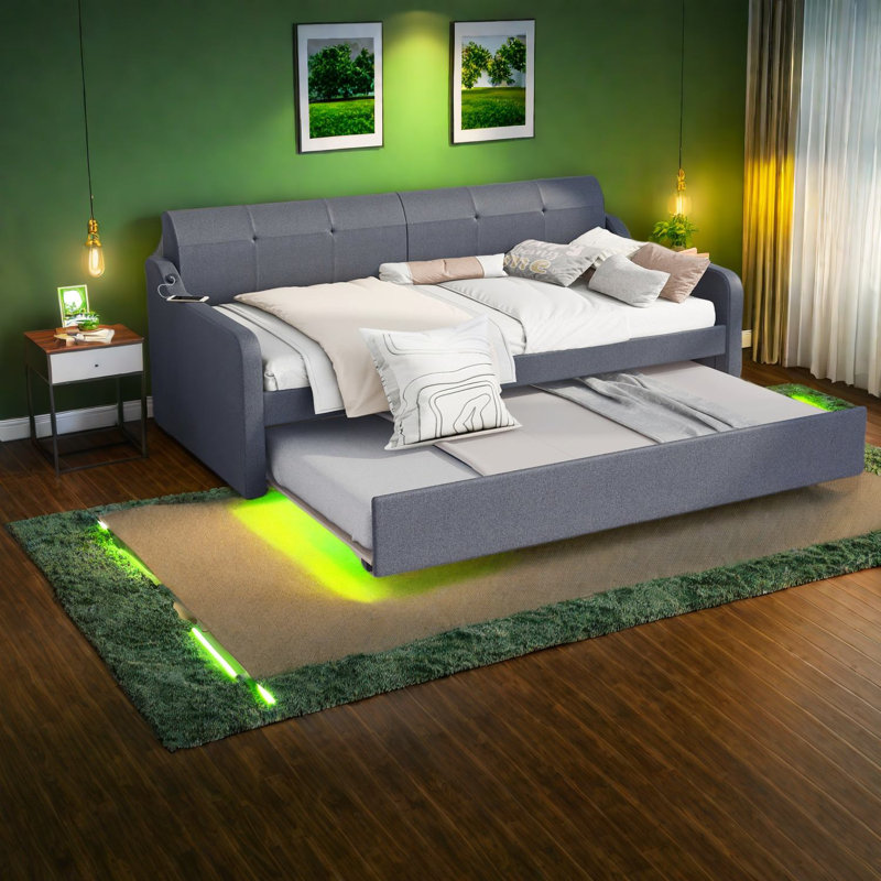 Multifunctional Twin Upholstered Daybed With Trundle, Usb Charging, Gray