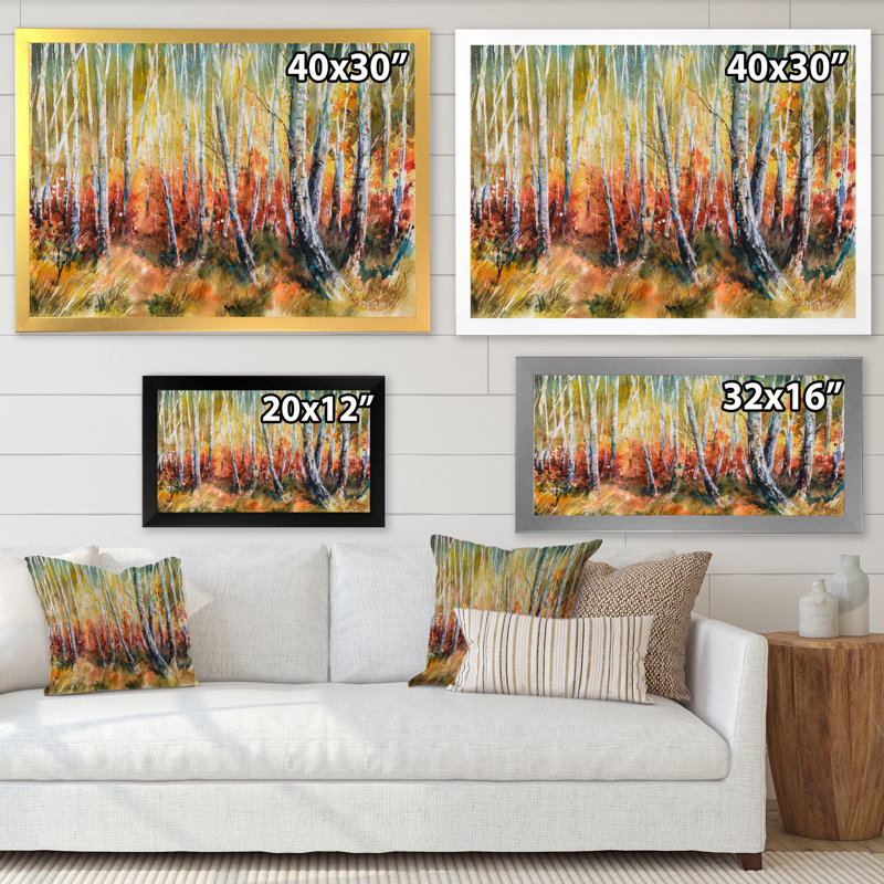 «White Birches in Dense Autumn Forest», reproduction sur toile, Cadre photo argenté, H 30 po x l 40 po x P 1,5 po