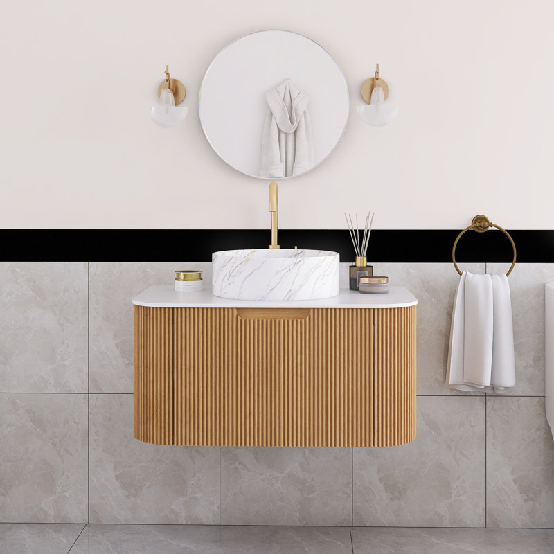 Meuble-lavabo flottant mural 30 po en bois naturel avec plateau en marbre artificiel blanc, Bois naturel