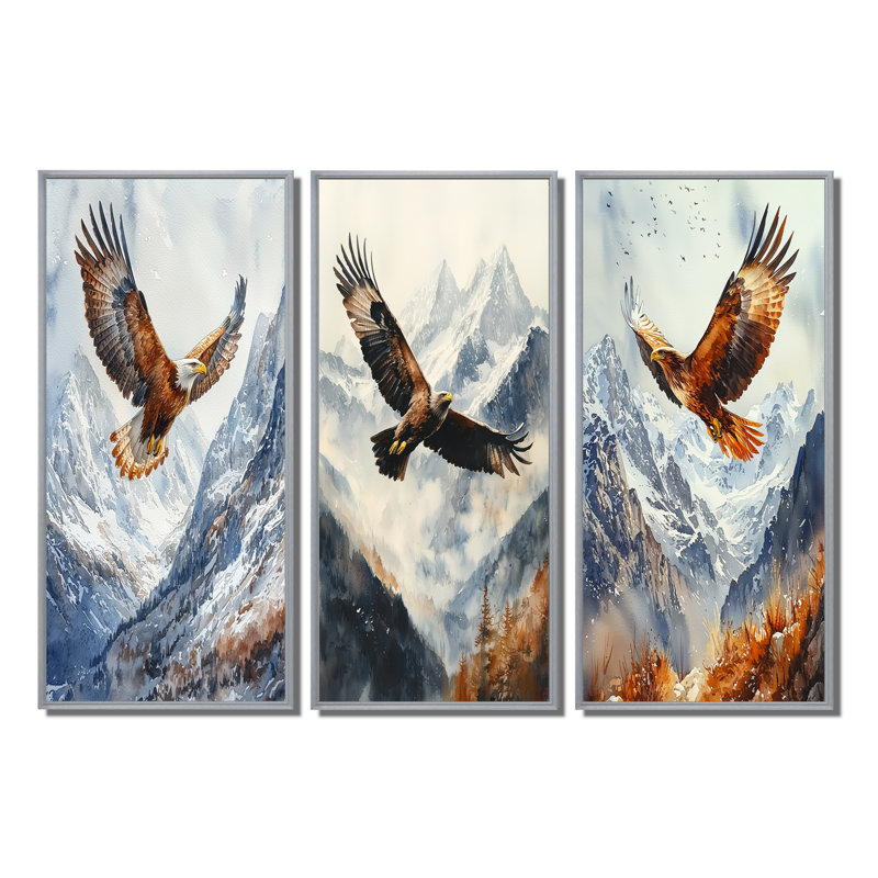 Aigle volant au-dessus des montagnes I, H 28 po x l 36 po, Impression encadrée flottante, Argent argent