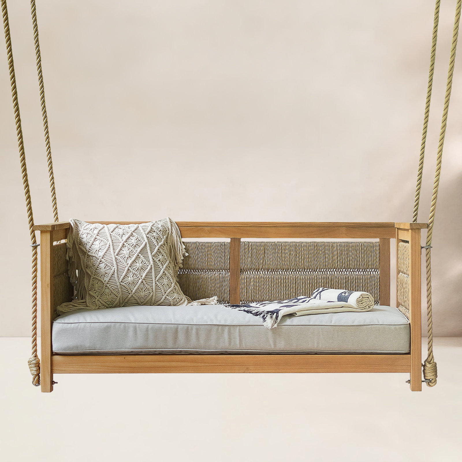 Blaine Teak Porch Swing with Cushion, Oyster Performance Polyester