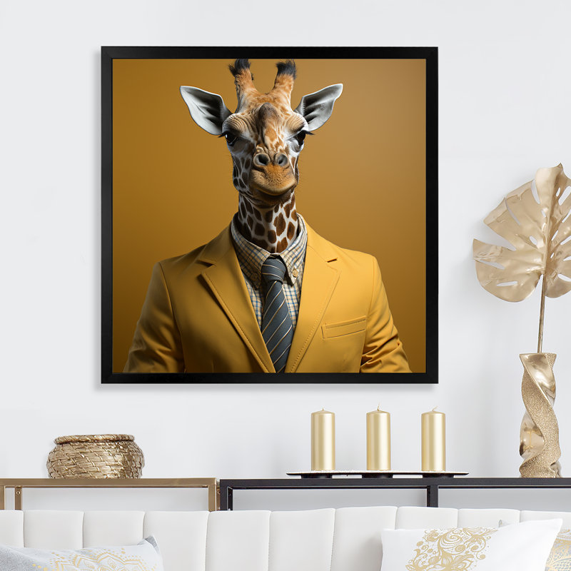Girafe en costume, élégance - girafe, art mural, Cadre simple noir, H 16 po x l 16 po x P 1 po