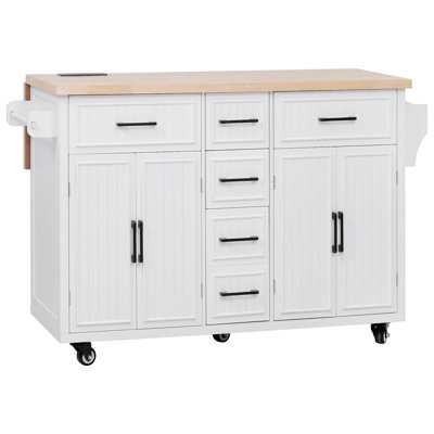 56.5'' Kitchen Island With Drop Leaf, Power Outlet, Embossed Vertical Stripe Rolling Kitchen Cart On Wheels With 4 Doors , 5 Deep Drawers And Adjustable Shelves, For Kitchen, Dining Room, White