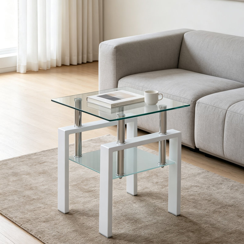 Table de bout en verre trempé blanc, petite table avec rangement à 2 couches, table d'appoint de salon