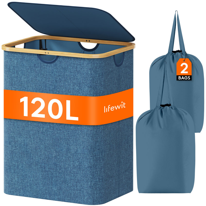 Panier à linge 120l avec couvercle, paniers à linge avec poignées en bambou et sac à linge amovible, grand panier à linge pliable pour chambre à coucher, salle de bain, dortoir, buanderie, bleu foncé