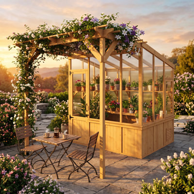 Serre-pergola combinée en cèdre naturel avec étagères, 81,2 po H x 108 po L