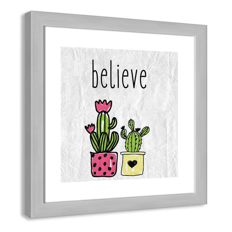 Cactus B, art encadré, H 16 po x l 16 po x P 0,6 po, Encadré plat argent