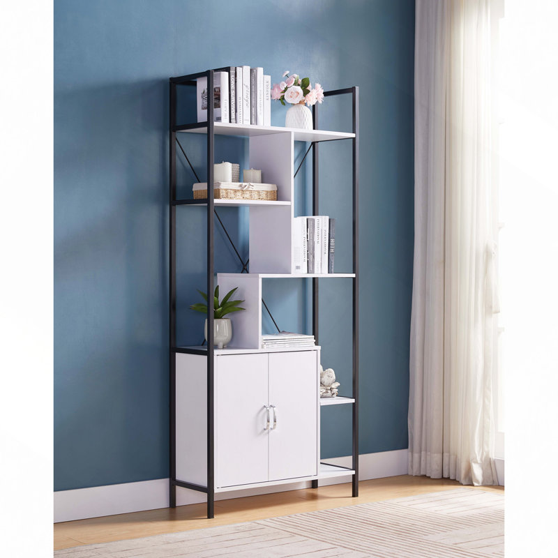 Bibliothèque à six tablettes avec armoire de rangement à deux portes et deux tablettes - blanc