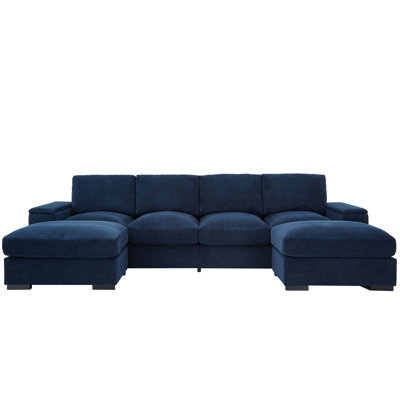 Sectional Sofa Deep Seat Sofa Couch With Ottomans, Corduroy Sofa Sleeper Comfy Upholstered Furniture For Living Room, Apartment, Office, (4-Seat & 2-Ottoman, Blue)
