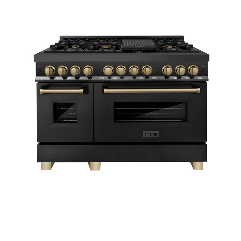ZLINE Autograph 48" Legacy Dual Fuel Range in Black Stainless Steel, Polished Gold