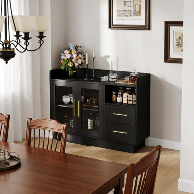 Armoire à vin avec lumières DEL, tiroirs, portes doubles en verre durables et conception anti-basculement, pour la cuisine, le salon, la salle à manger