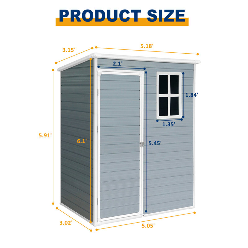 5Ft X 3Ft Resin Outdoor Storage Shed Plastic Garden Sheds With Floor And Lockable Door For Backyard, Lawn, Grey (W540S00019)