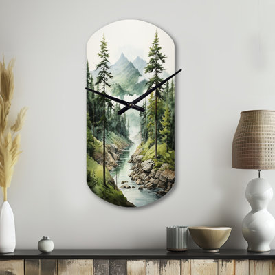 Green Pine Tree Eternal Guardians I - Pine Asymmetrical Metal Wall Clock, Traditional Cylinder Wall Clock Print