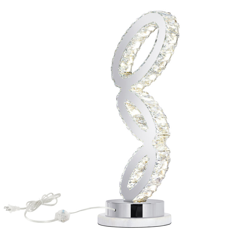 Lampe de table Grace-Leigh de 9 po en chrome avec DEL intégrée - conception à 3 anneaux, ornements en cristal à facettes - hauteur de 23 po, éclairage glam à intensité variable pour la chambre à coucher, le bureau - certifié BACL, garantie de 3 ans